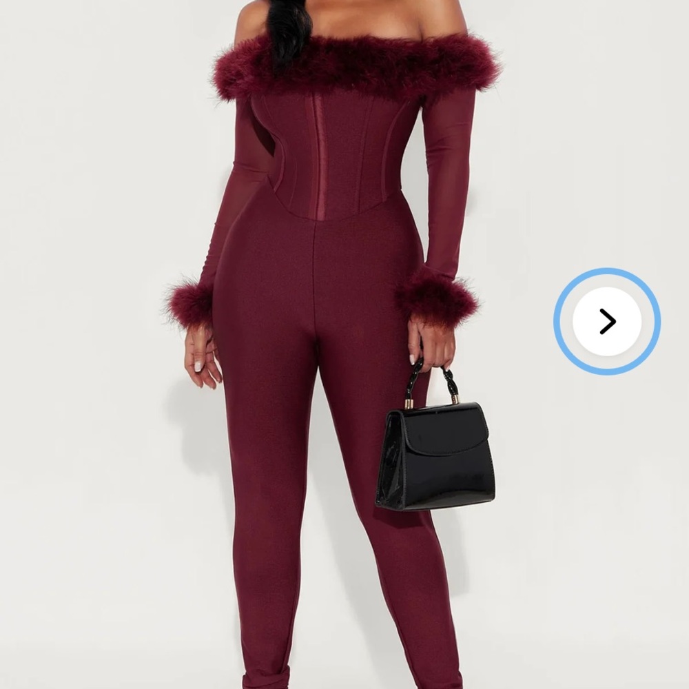 Fashion Nova Off-Shoulder Burgundy Jumpsuit with Feather Trim